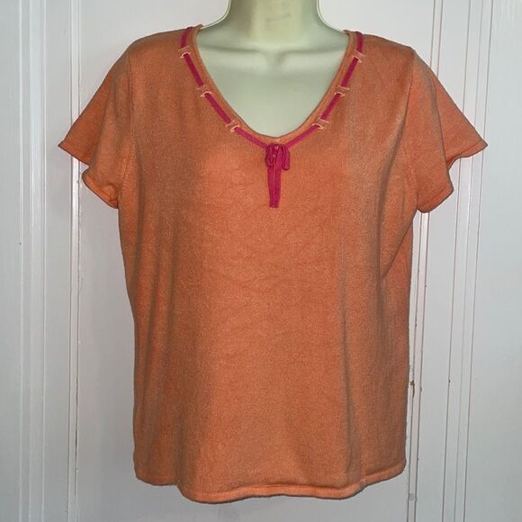 Vtg 90s Susan Bristol light orange/peach rayon/spandex short sleeve sweater - Picture 1 of 8